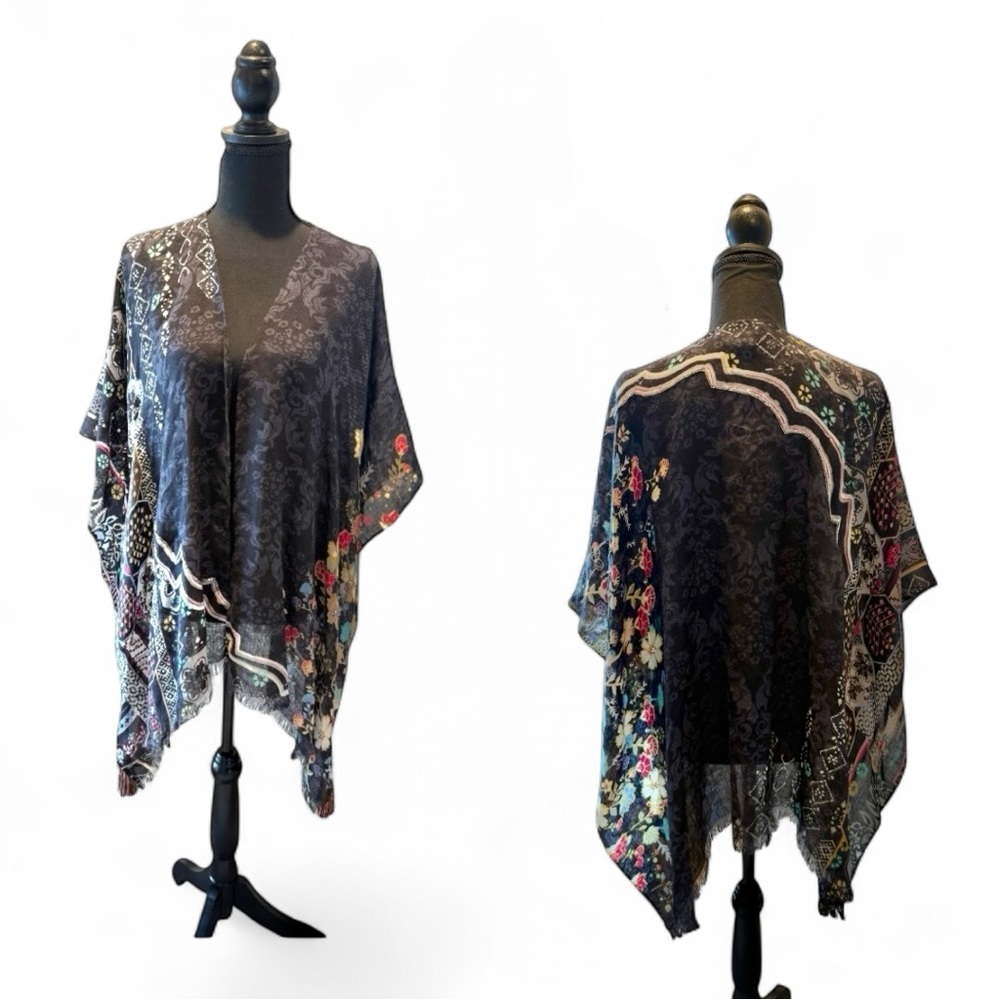Anthropologie Floral Border Black & Multicolor Lightweight Wrap